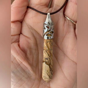 Handmade Picture Jasper Obelisk Pendant Leather Slider Necklace